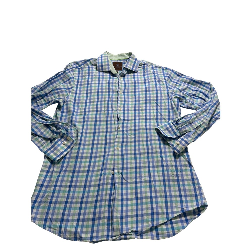 Tattersall London Button Down Mns 16 34/35 Blue/Green Gingham Plaid Cotton Shirt